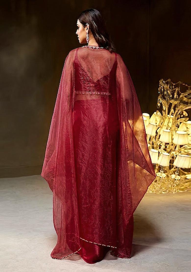 Red Embroidered Handwork Fusion Set - Indya