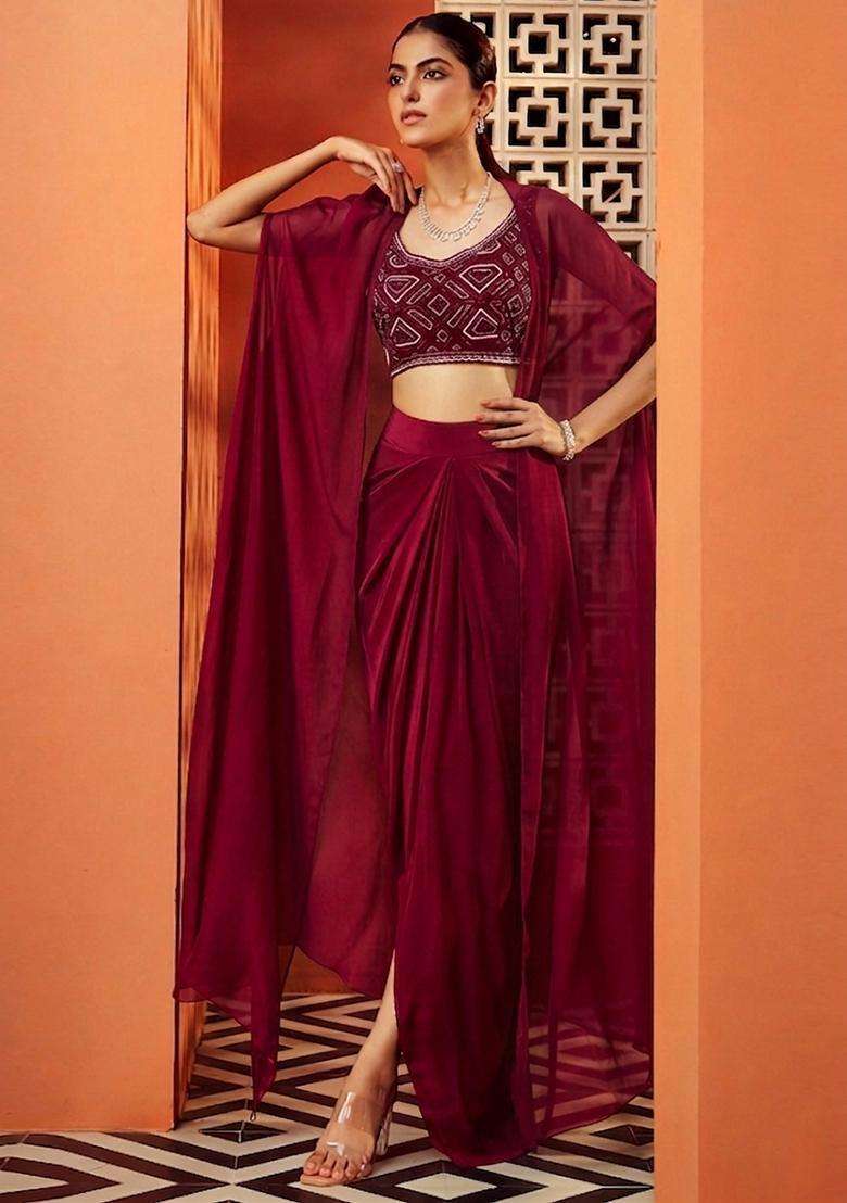 Maroon Embroidered Handwork Fusion Set - Indya