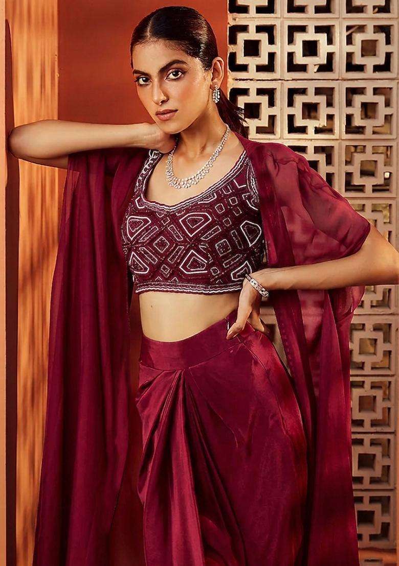 Maroon Embroidered Handwork Fusion Set - Indya