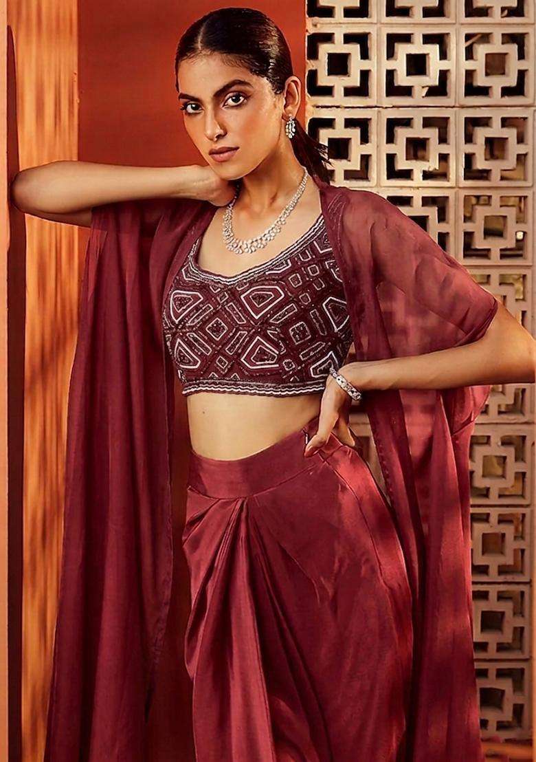 Maroon Embroidered Handwork Fusion Set - Indya