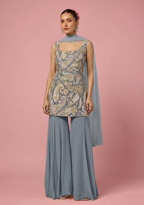 Blue Floral Print Crepe Sharara Set