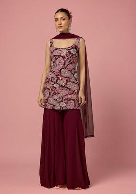 Red Floral Print Crepe Sharara Set