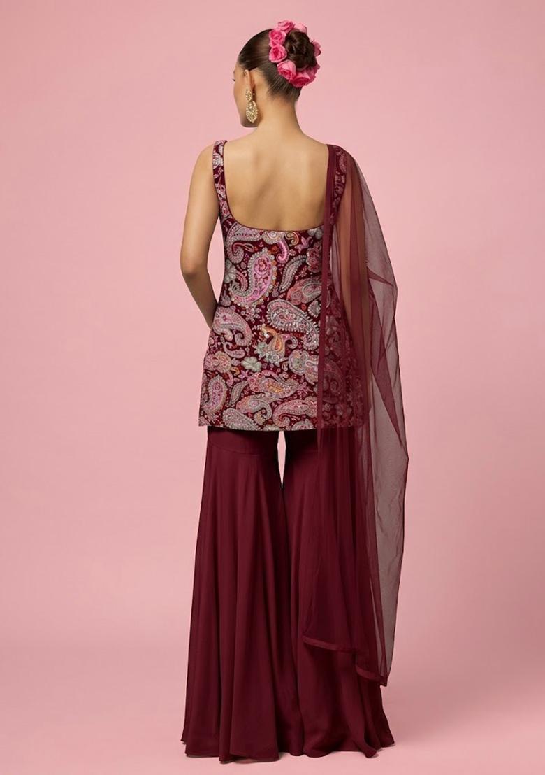 Red Floral Print Crepe Sharara Set - Indya