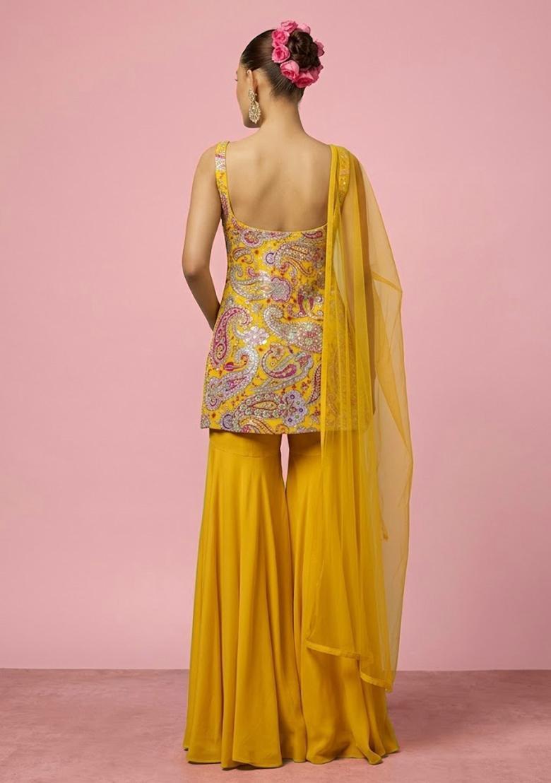 Yellow Floral Print Crepe Sharara Set - Indya