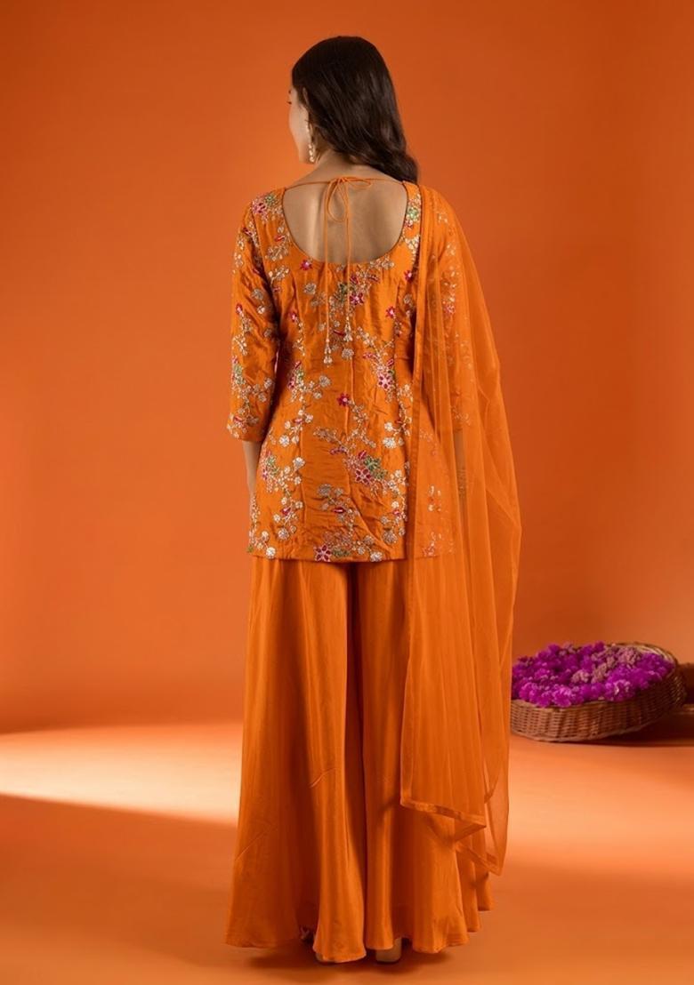 Burnt Orange Embroidered Crepe Sharara Set - Indya