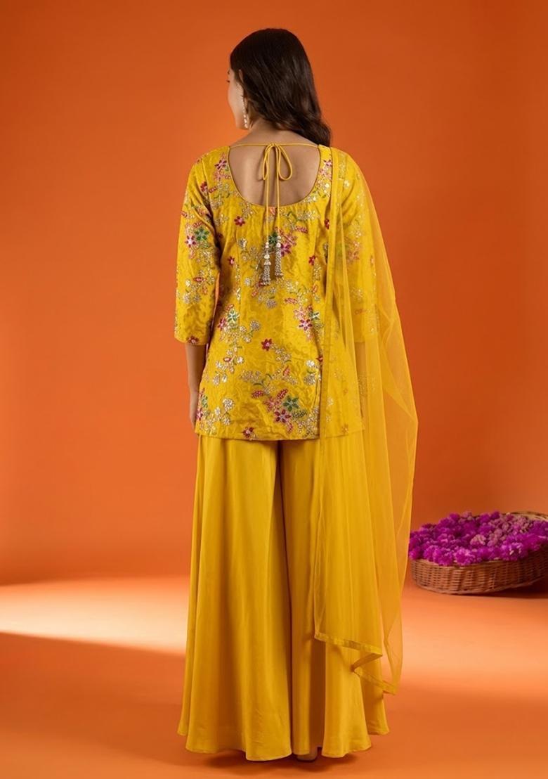 Yellow Embroidered Crepe Sharara Set - Indya