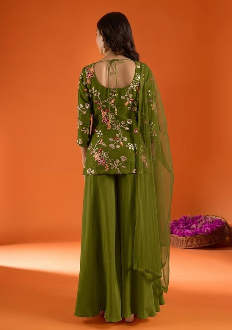 Green Embroidered Crepe Sharara Set - Indya
