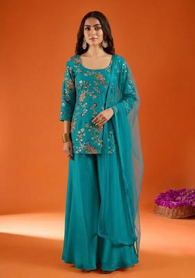 Blue Embroidered Crepe Sharara Set