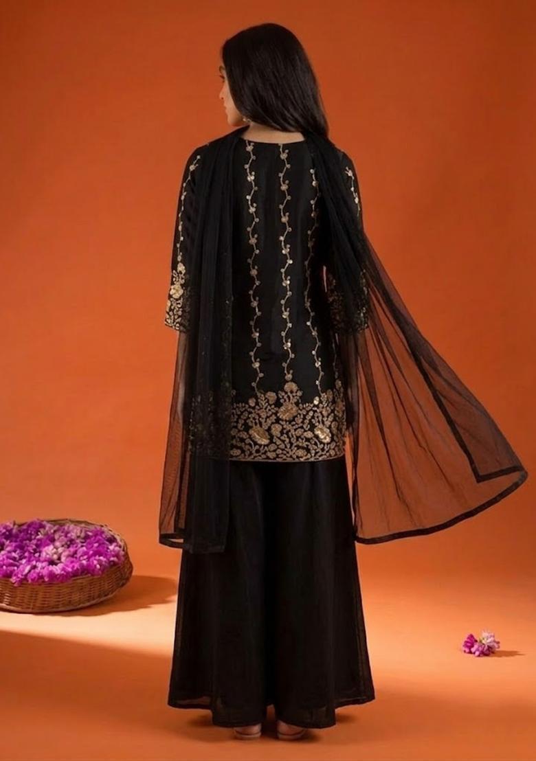 Jet Black Embroidered Crepe Sharara Set - Indya