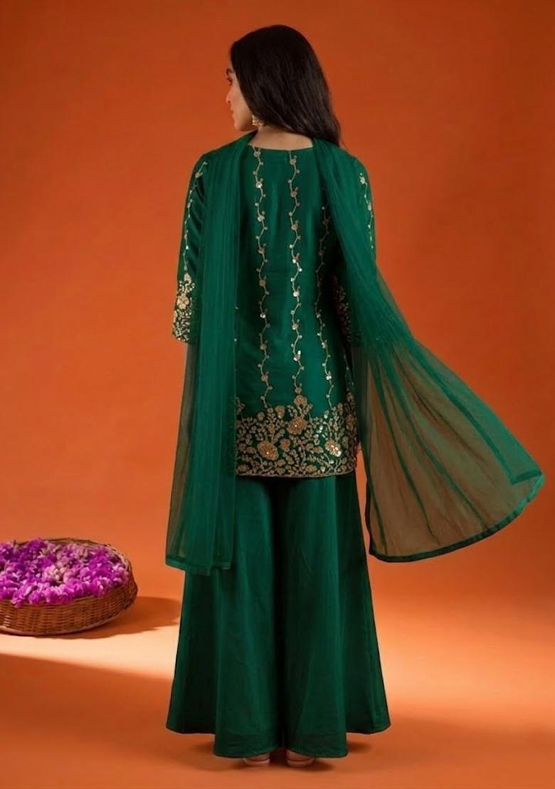Green Embroidered Crepe Sharara Set - Indya