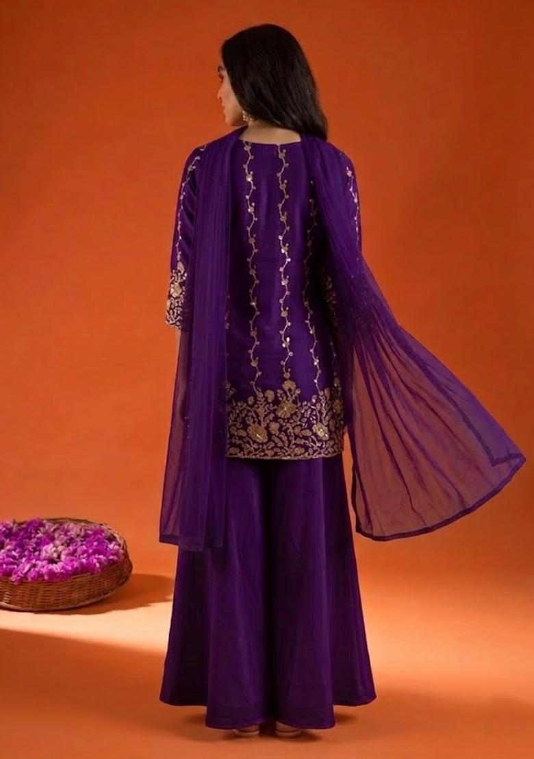 Violet Embroidered Crepe Sharara Set - Indya