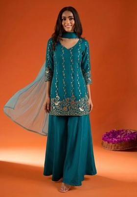 Blue Embroidered Crepe Sharara Set