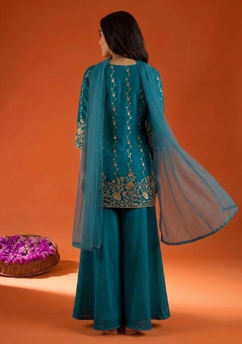 Blue Embroidered Crepe Sharara Set - Indya
