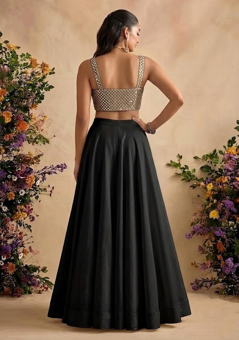 Jet Black Embellished Georgette Lehenga Set - Indya