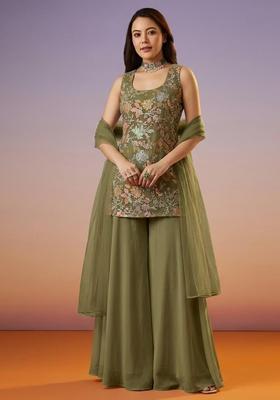 Olive Green Sequin Crepe Sharara Set