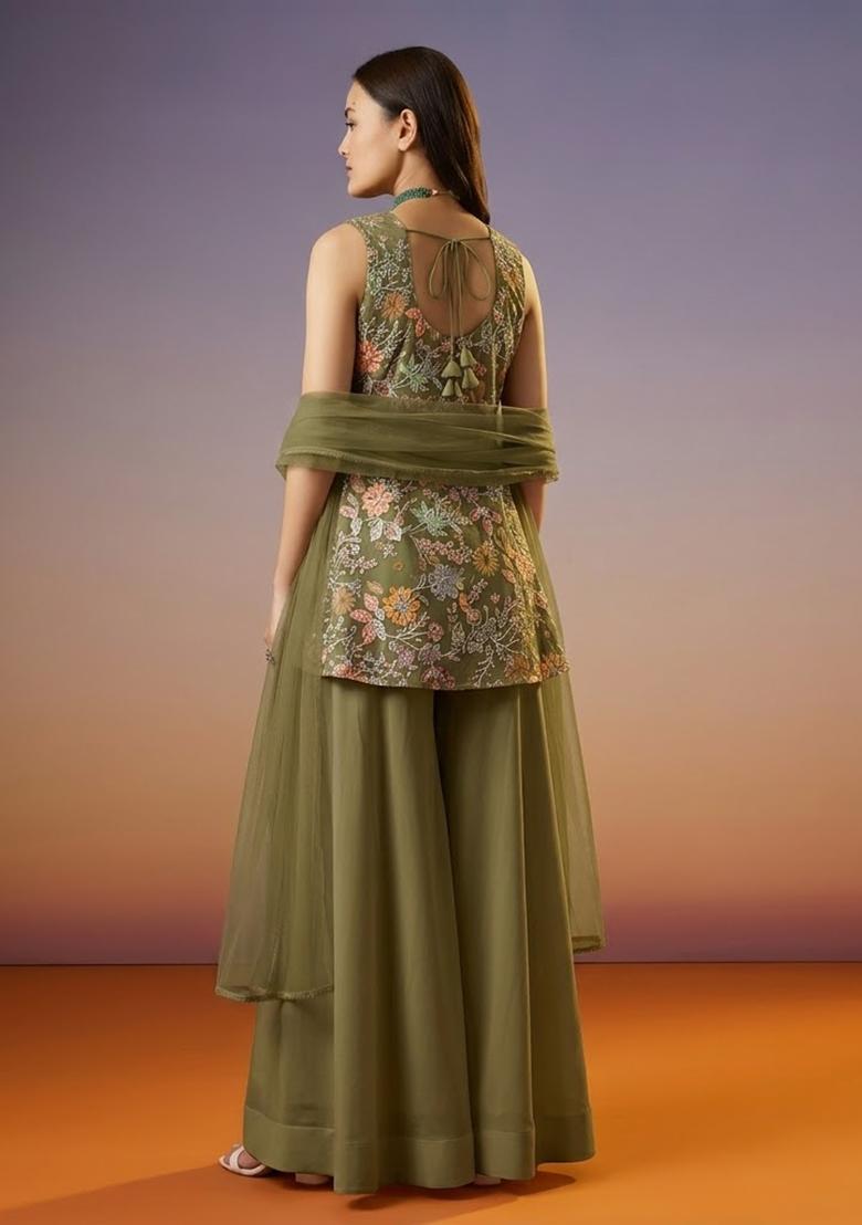 Olive Green Sequin Crepe Sharara Set - Indya