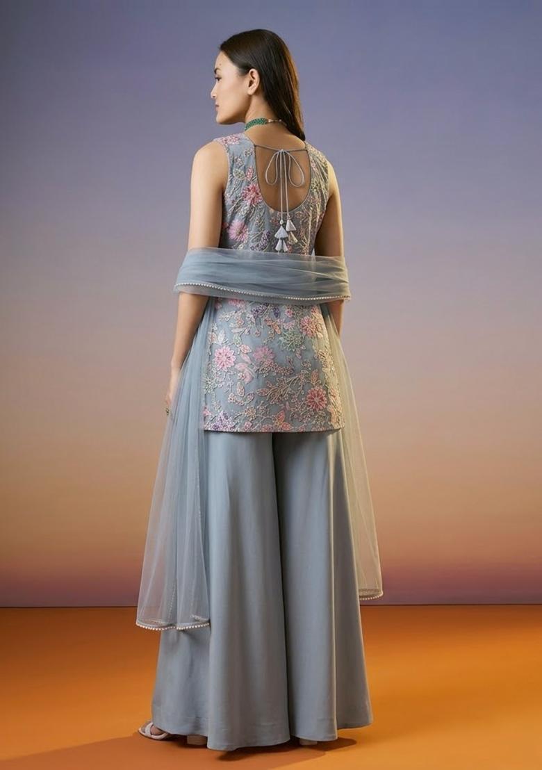 Grey Sequin Crepe Sharara Set - Indya