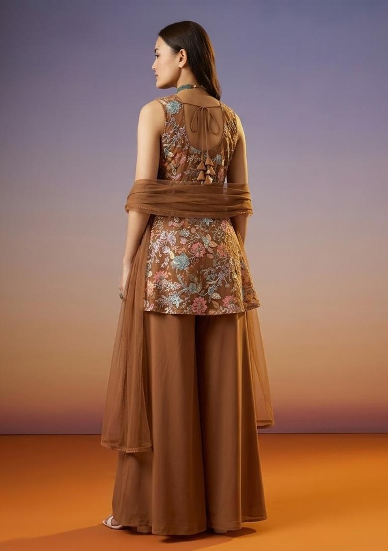 Brown Sequin Crepe Sharara Set - Indya