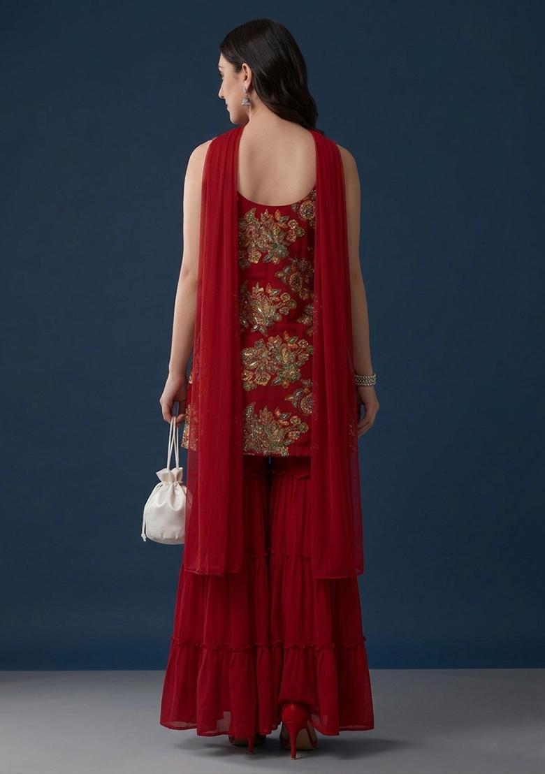 Crimson Red Embroidered Organza Sharara Set - Indya