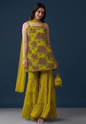 Green Embroidered Organza Sharara Set