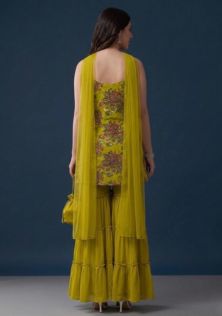 Green Embroidered Organza Sharara Set - Indya