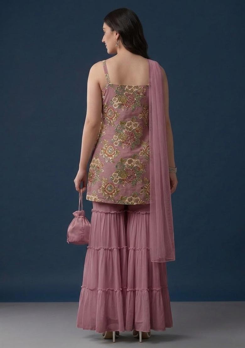 Purple Embroidered Organza Sharara Set - Indya