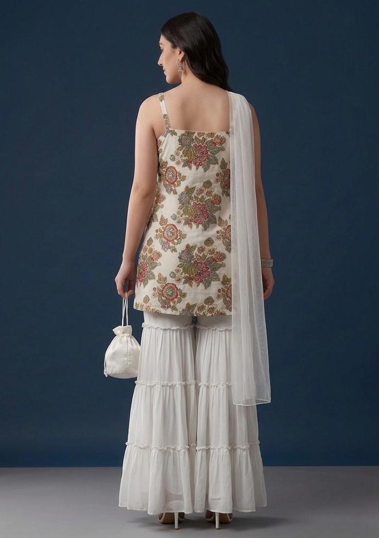 White Embroidered Organza Sharara Set - Indya