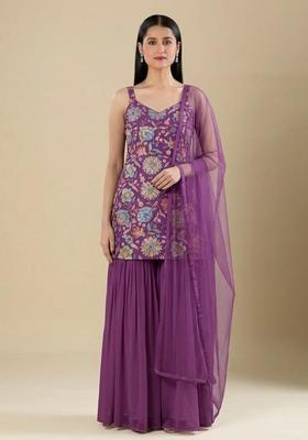Magenta Purple Floral Print Chinon Sharara Set