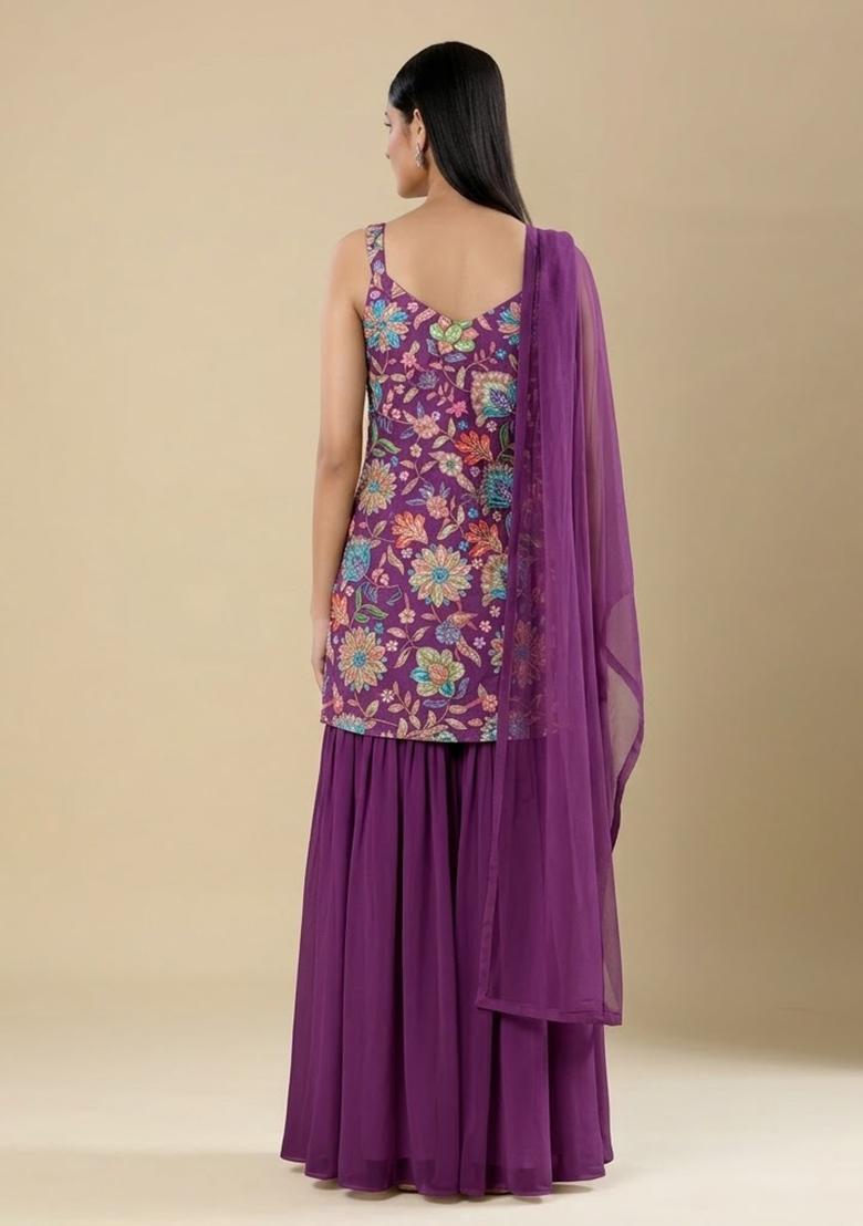 Magenta Purple Floral Print Chinon Sharara Set - Indya