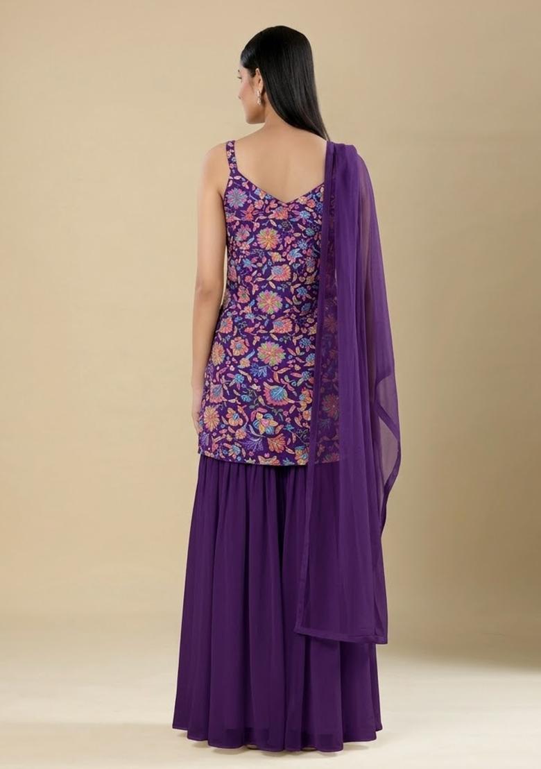 Purple Floral Print Chinon Sharara Set - Indya