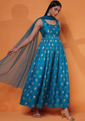 Teal Blue Jacquard Silk Blend Anarkali with Dupatta