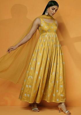 Mustard Jacquard Silk Blend Anarkali with Dupatta
