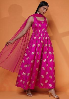 Magenta Jacquard Silk Blend Anarkali with Dupatta
