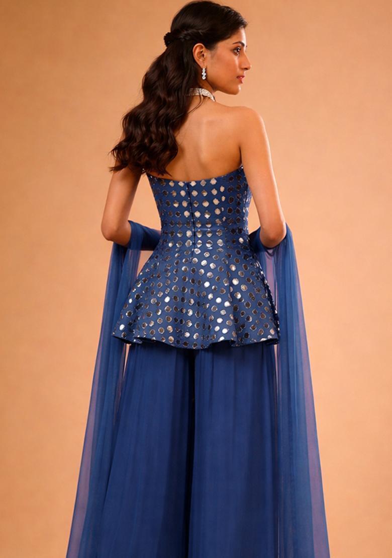 Royal Blue Embellished Georgette Sharara Set - Indya