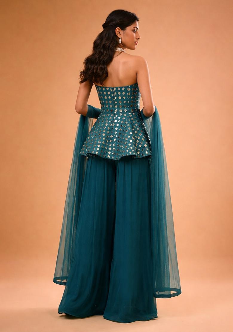 Teal Blue Embellished Georgette Sharara Set - Indya