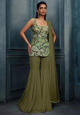 Olive Green Printed Crepe Sharara Set