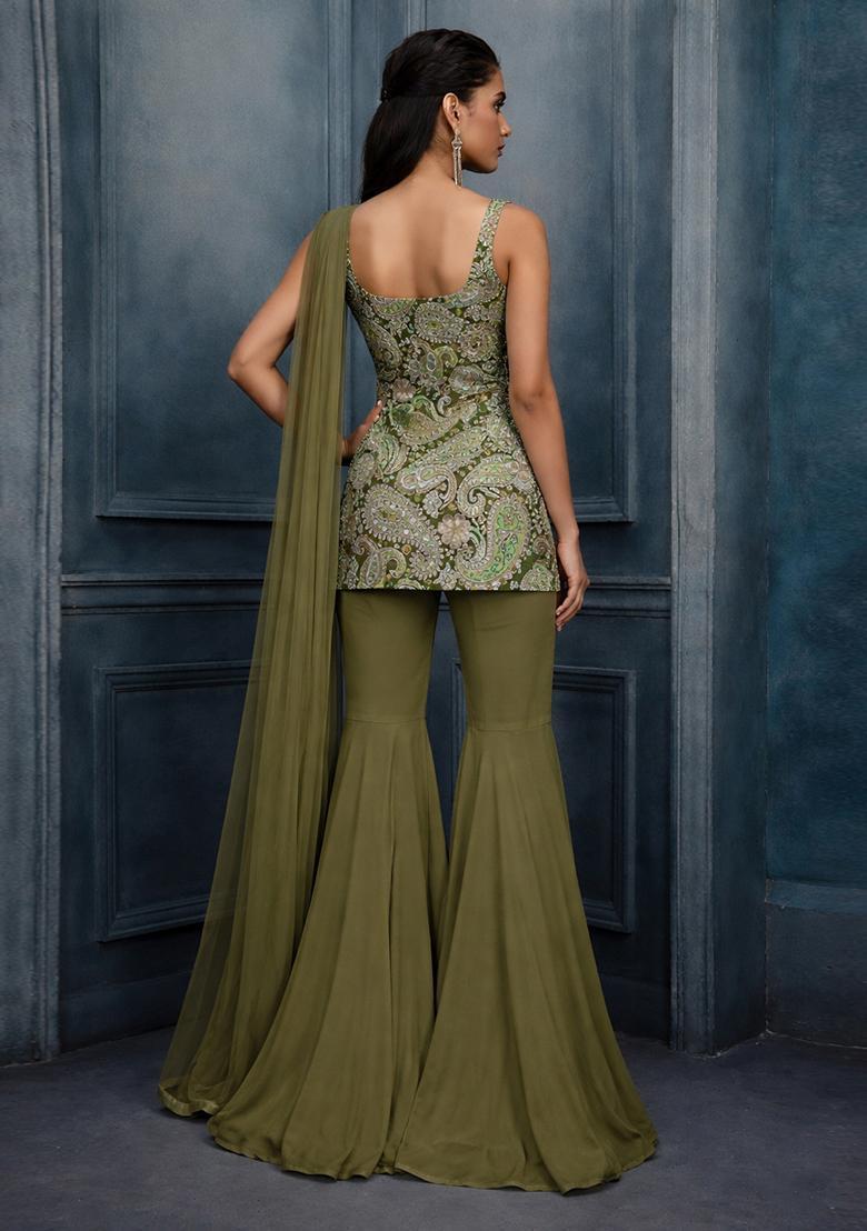 Olive Green Printed Crepe Sharara Set - Indya
