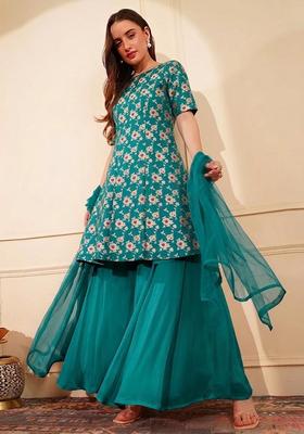 Teal Green Jacquard Silk Blend Sharara Set