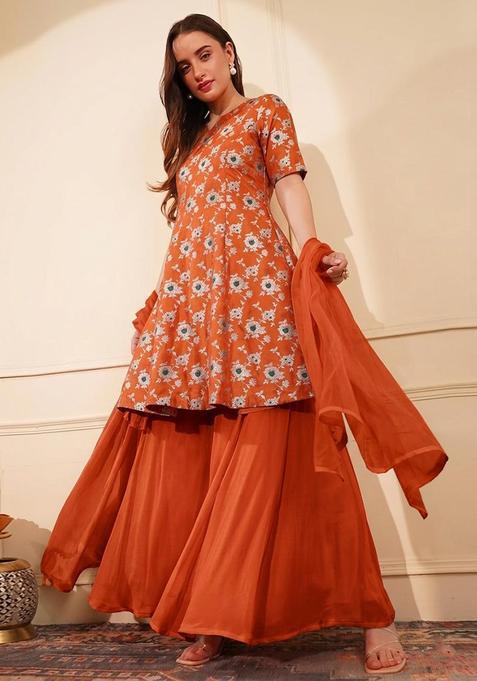 Burnt Orange Jacquard Silk Blend Sharara Set