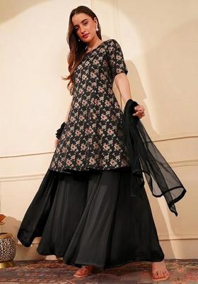 Black Jacquard Silk Blend Sharara Set