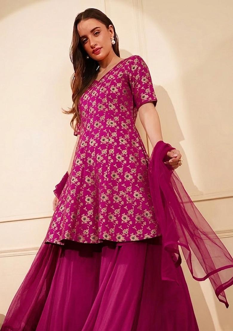 Magenta Jacquard Silk Blend Sharara Set - Indya