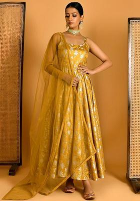 Mustard Yellow Jacquard Silk Blend Anarkali with Dupatta