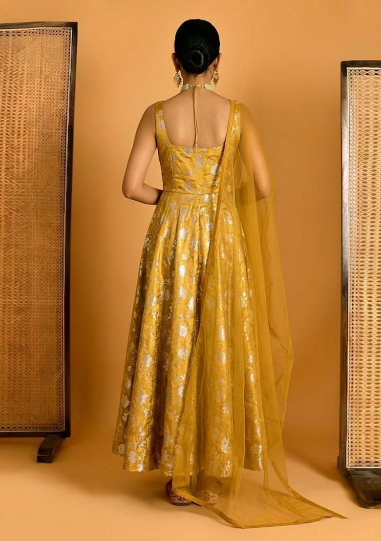 Mustard Yellow Jacquard Silk Blend Anarkali with Dupatta - Indya
