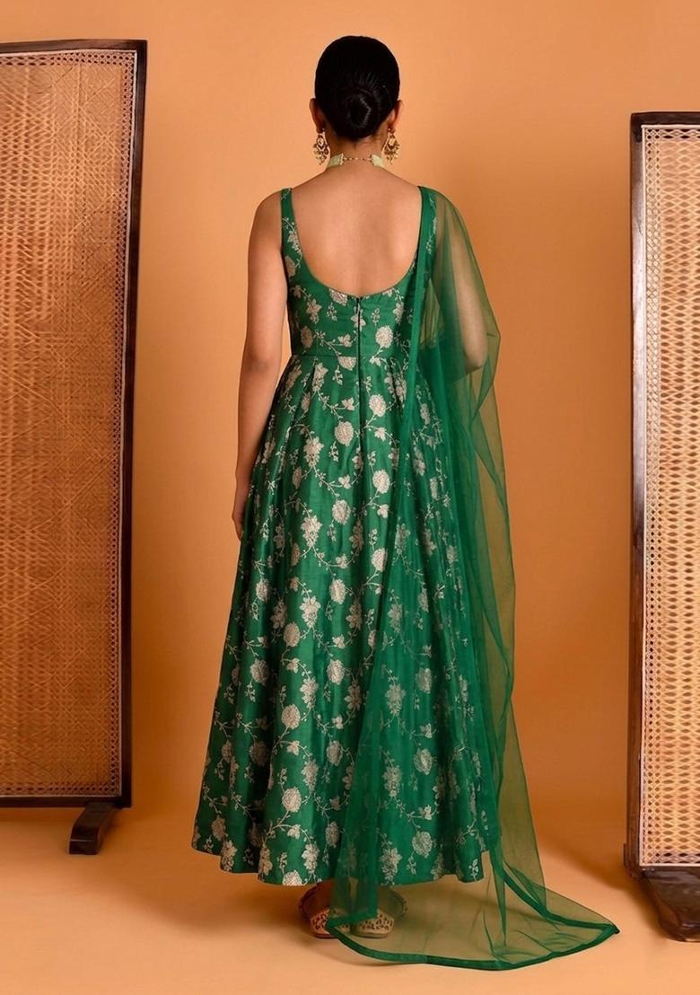 Emerald Jacquard Silk Blend Anarkali with Dupatta - Indya