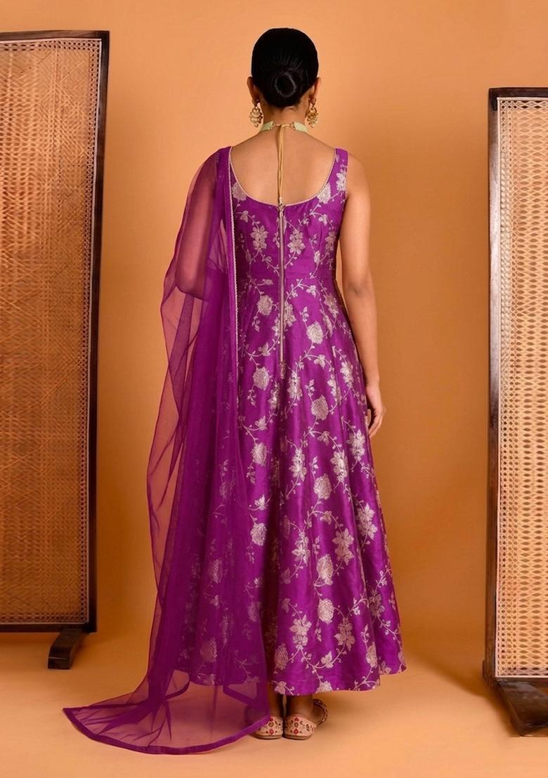 Fuchsia Jacquard Silk Blend Anarkali with Dupatta - Indya