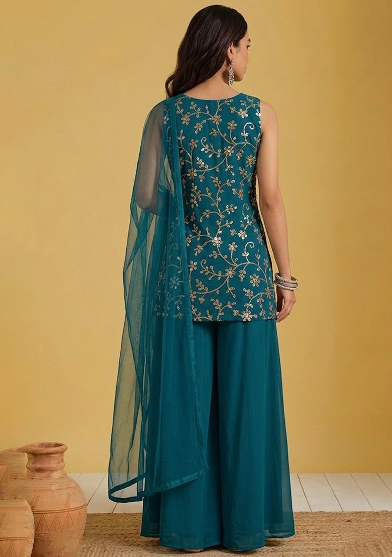 Teal Blue Embroidered Georgette Sharara Set - Indya