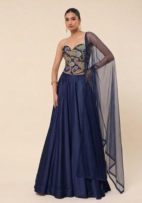 Navy Blue Floral Print Crepe Lehenga Set