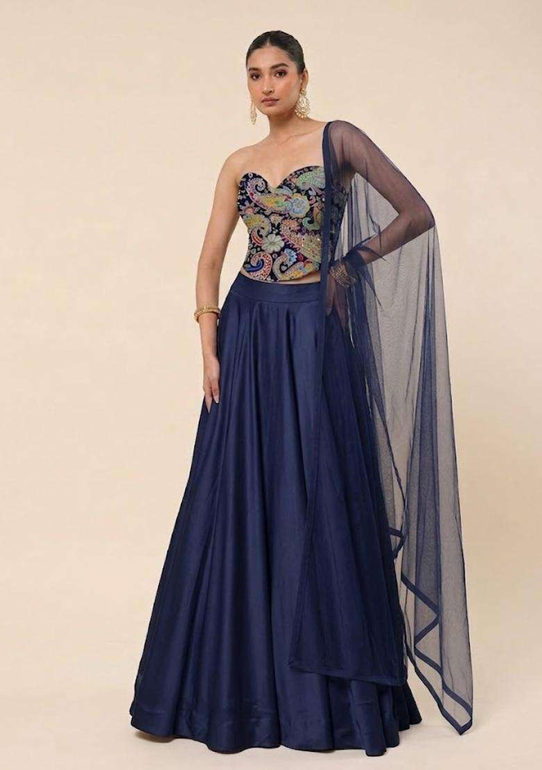 Navy Blue Floral Print Crepe Lehenga Set - Indya