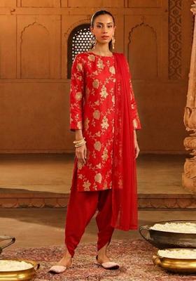 Red Jacquard Silk Blend Kurta Set