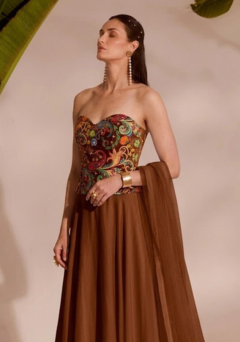 Chocolate Brown Printed Crepe Lehenga Set - Indya